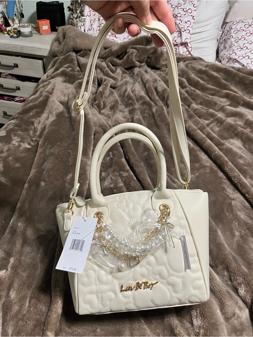 Betsey Johnson Cream Quilted Heart Satchel with Gold Hardware